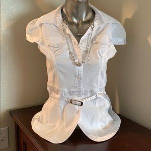 Collard, Button Up Blouse, Satin Ribbon Accents